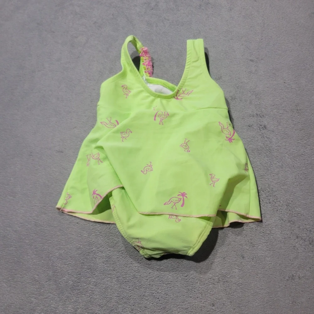 Baby Buns Swim Dress Girls Lime Green‎ Flamingo Print Ruffle Trim Tropical